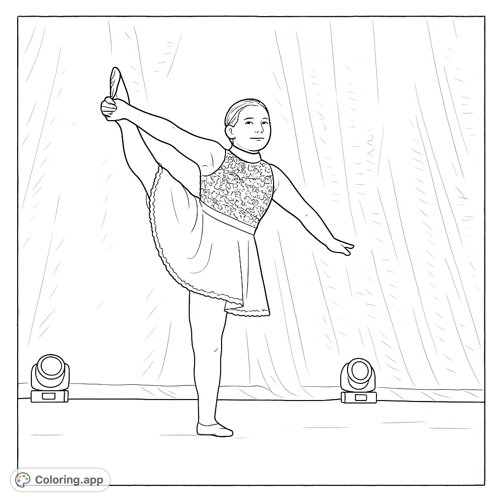 A graceful young dancer in a detailed costume performs a stunning arabesque on stage, perfect for a free printable dance coloring page.