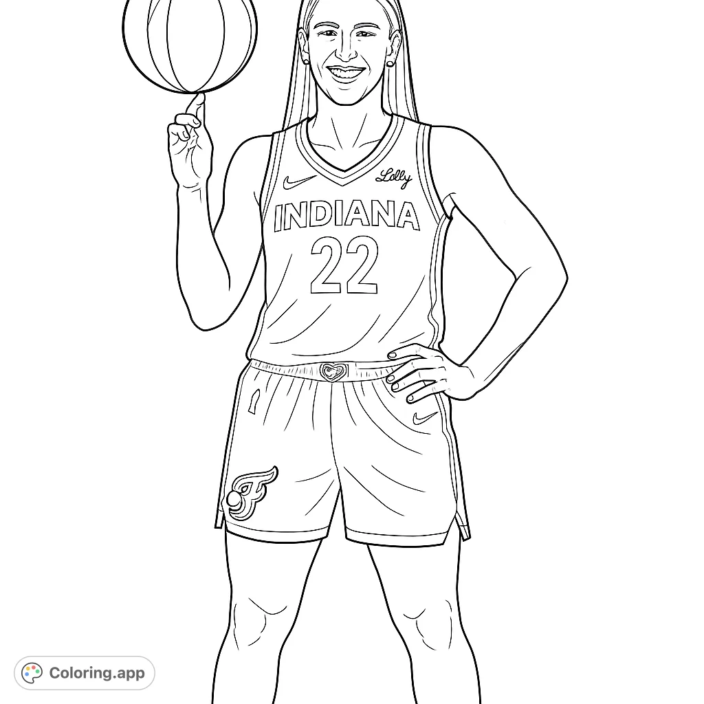 Dynamic basketball player spinning a ball, ready for action. A free printable sports coloring page for kids and adults.