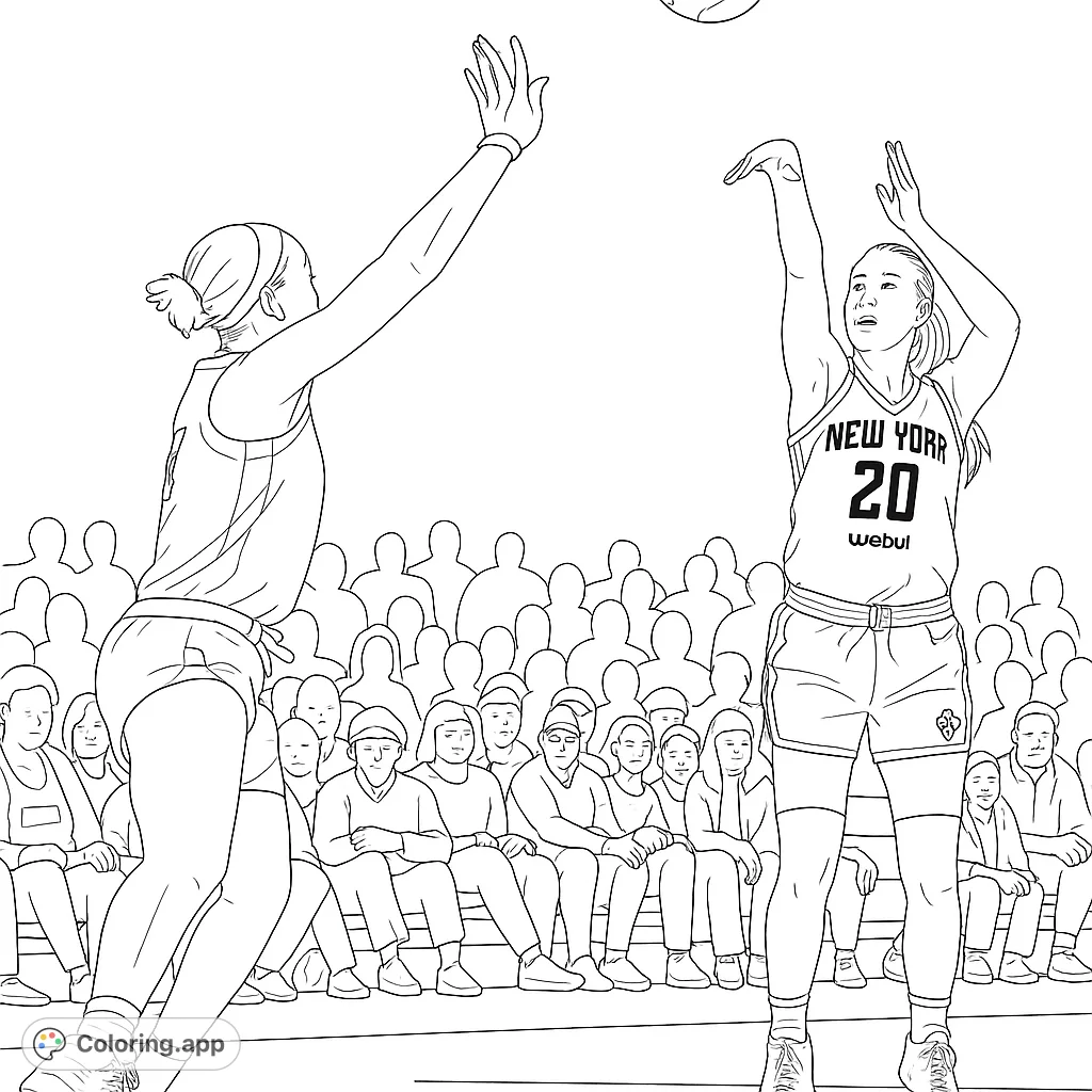 Dynamic basketball action! A player shoots while another attempts a block, with a crowd watching.