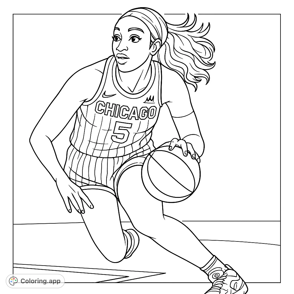 Dynamic female basketball player dribbling on court. A free printable sports coloring page for kids and adults, perfect for fans of basketball.