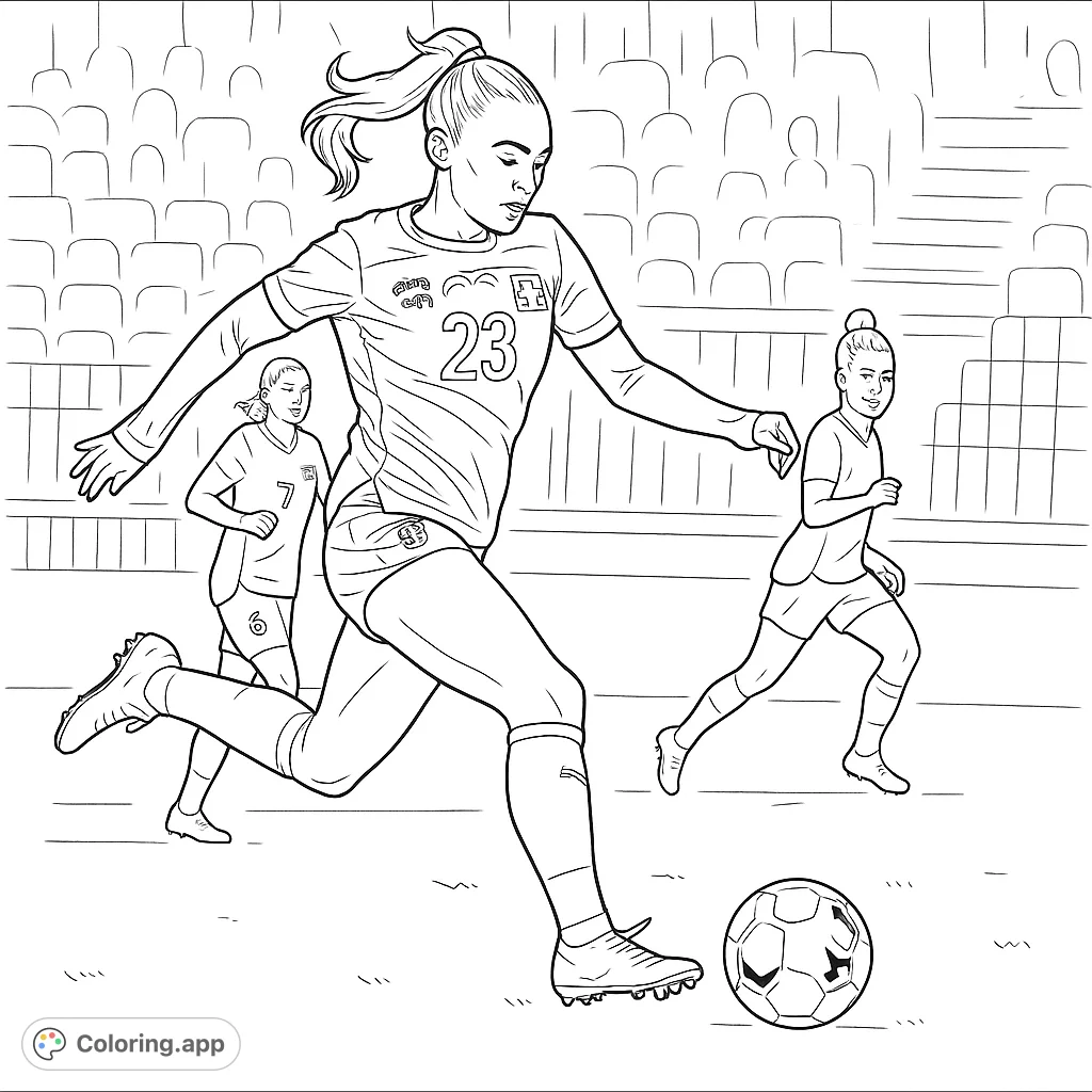 Capture the excitement of the game with this dynamic female soccer player coloring page. Features athletes in action on the field with stadium background.