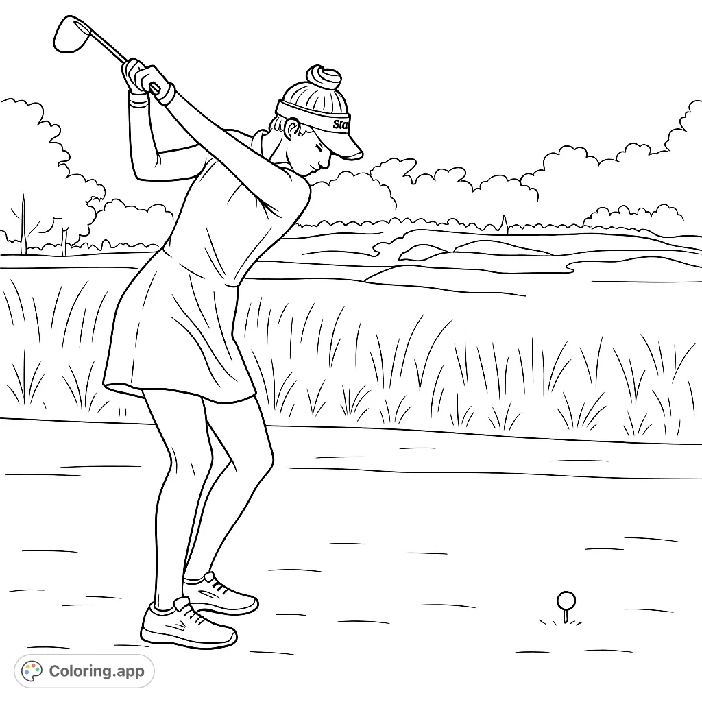 Dynamic golf coloring page featuring a female golfer mid-swing on a scenic course. Perfect for sports enthusiasts and a free printable coloring page.
