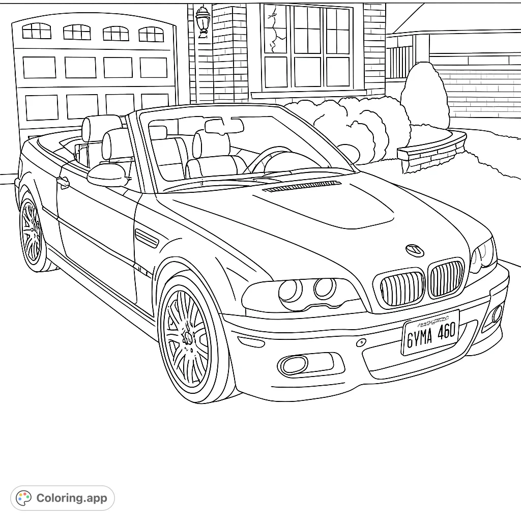 A detailed convertible car parked on a driveway in front of a house, perfect for car enthusiasts and aspiring artists to color.