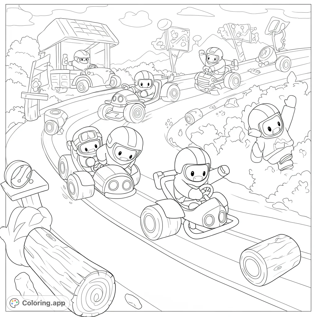 A thrilling go-kart race featuring cute characters on a winding track with pit stop and scenic background elements. Perfect for a fun coloring adventure!