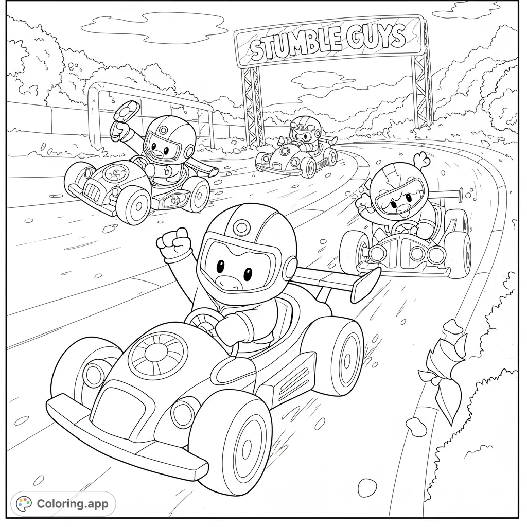 Join the exciting Stumble Guys go-kart race! Speed along the track with your favorite characters in this free printable coloring page, perfect for kids and adults.