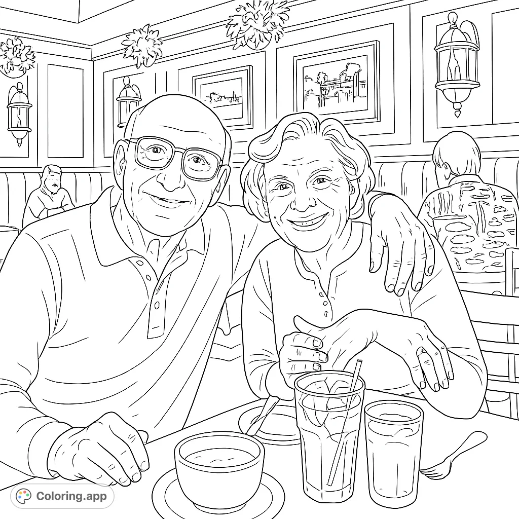 A heartwarming free printable coloring page featuring a smiling elderly couple enjoying a meal at a cozy restaurant. Perfect for celebrating love and cherished moments.