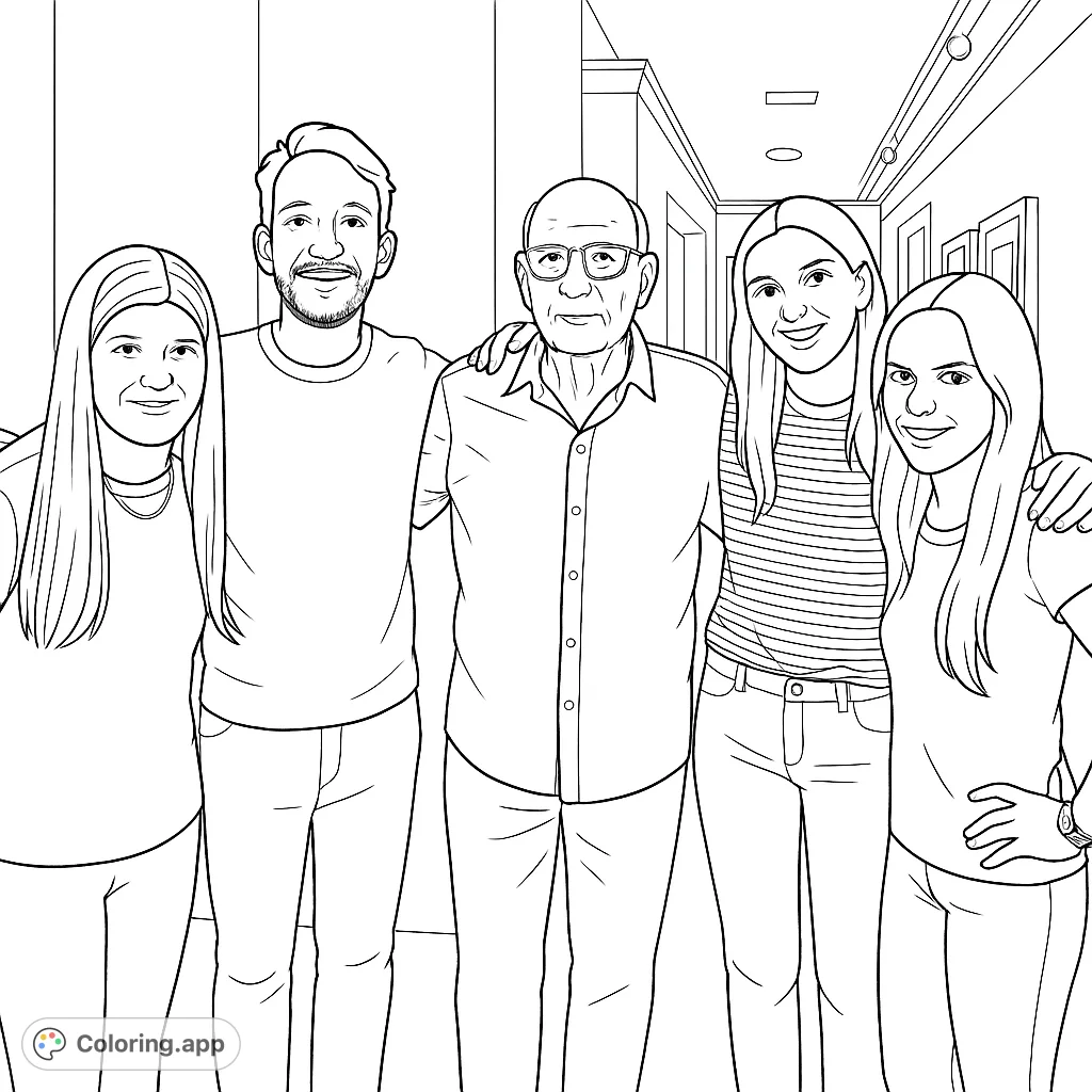 A heartwarming family portrait coloring page featuring five smiling individuals in a clean line art style, perfect for all ages. A free printable people coloring page.