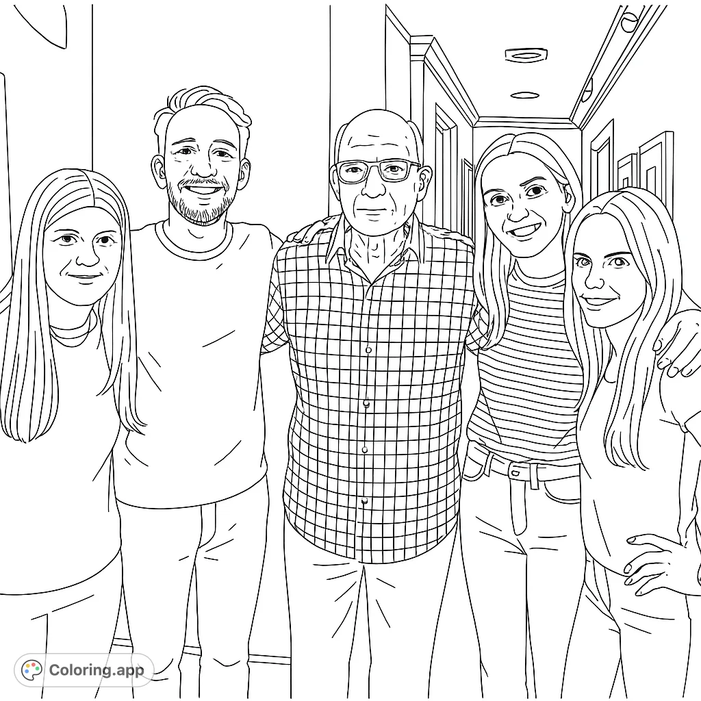 A heartwarming family portrait coloring page featuring five smiling individuals, perfect for all ages. Free printable coloring page for kids and adults.