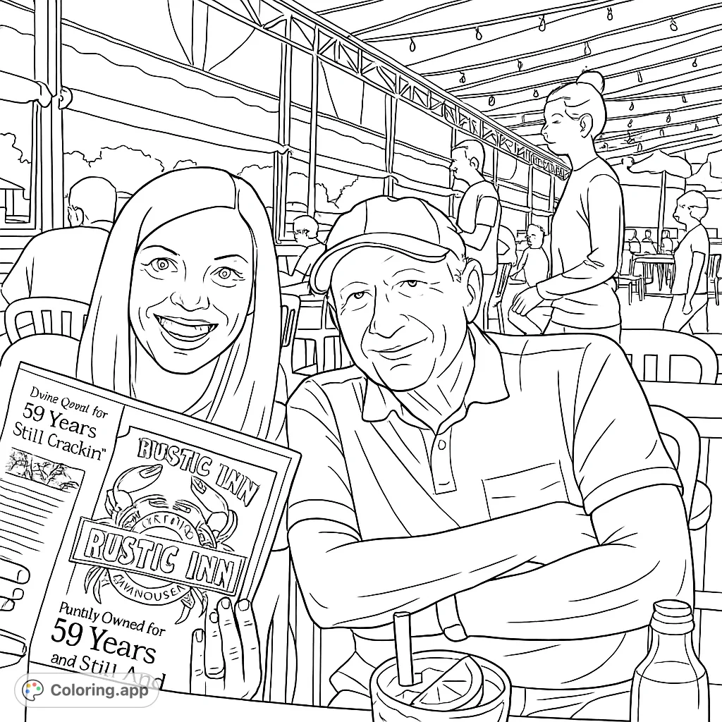 A delightful restaurant scene coloring page featuring a happy couple enjoying a meal on a lively patio, perfect for a relaxing and engaging coloring experience.