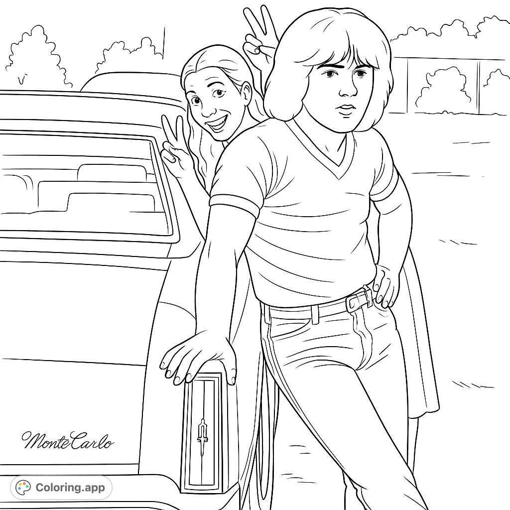 A cool retro car scene featuring two friends, one flashing peace signs, ready for a fun coloring adventure. Perfect for a free printable coloring page!
