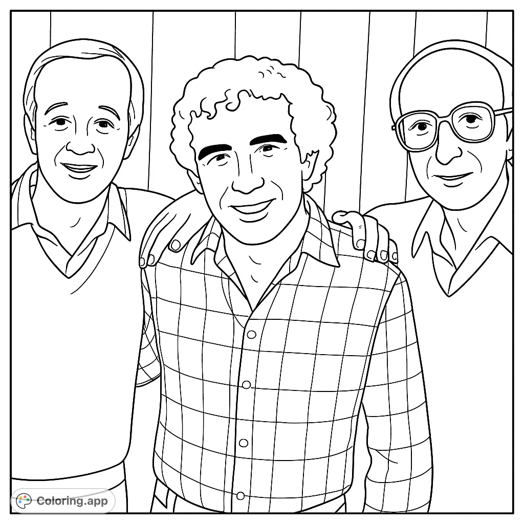 A heartwarming free printable coloring page featuring three smiling men, perfect for all ages. Enjoy coloring this friendly group portrait!