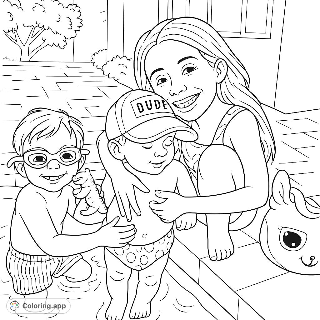 Joyful kids splash and play in the pool! A happy girl embraces a little one in a 'DUDE' cap, while another boy with goggles holds a dino toy.