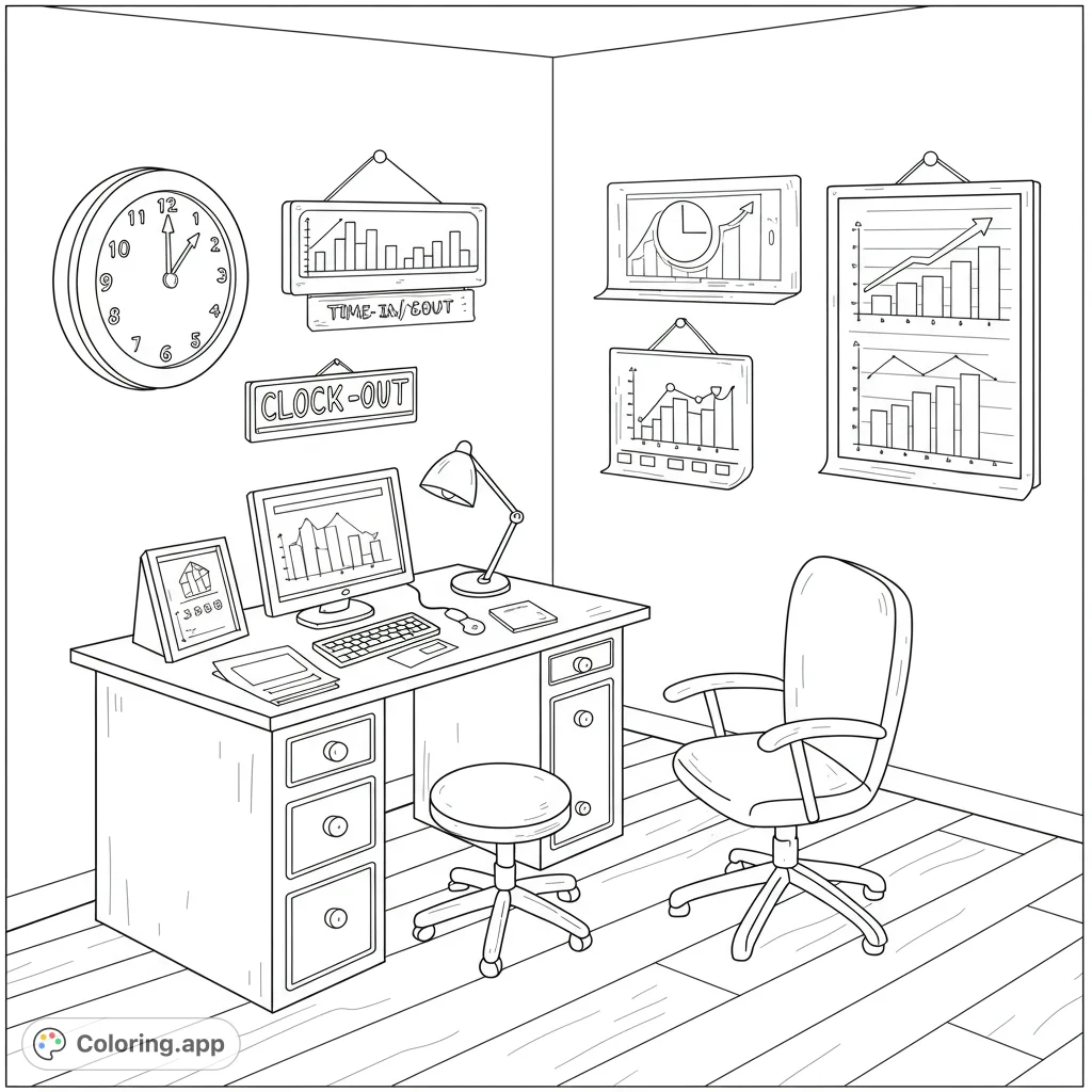 Explore a detailed office workspace coloring page. Features a desk, computer, office chair, and wall charts.