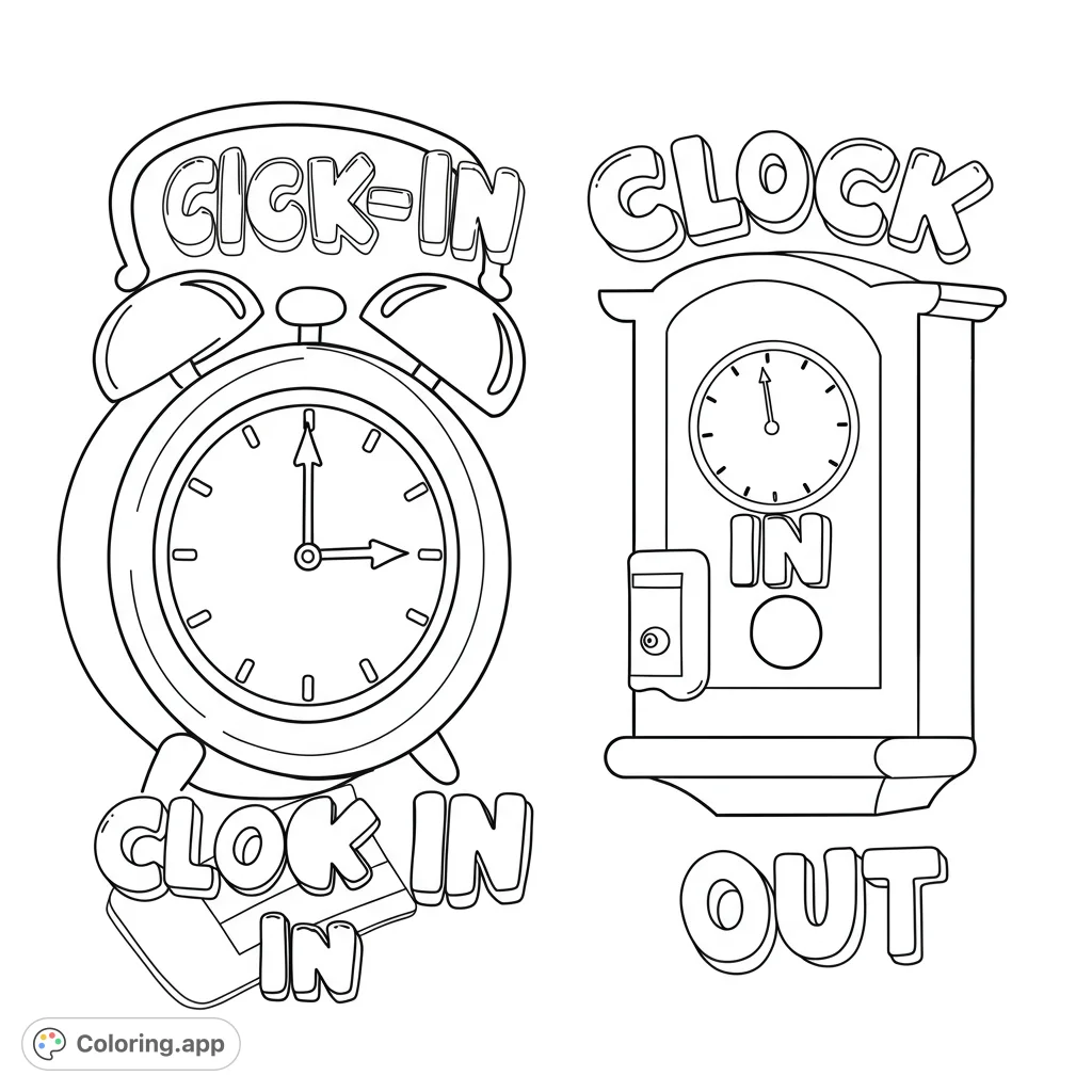 A charming vintage time clocks coloring page featuring a classic alarm clock and a wall-mounted punch clock, perfect for a nostalgic coloring experience.