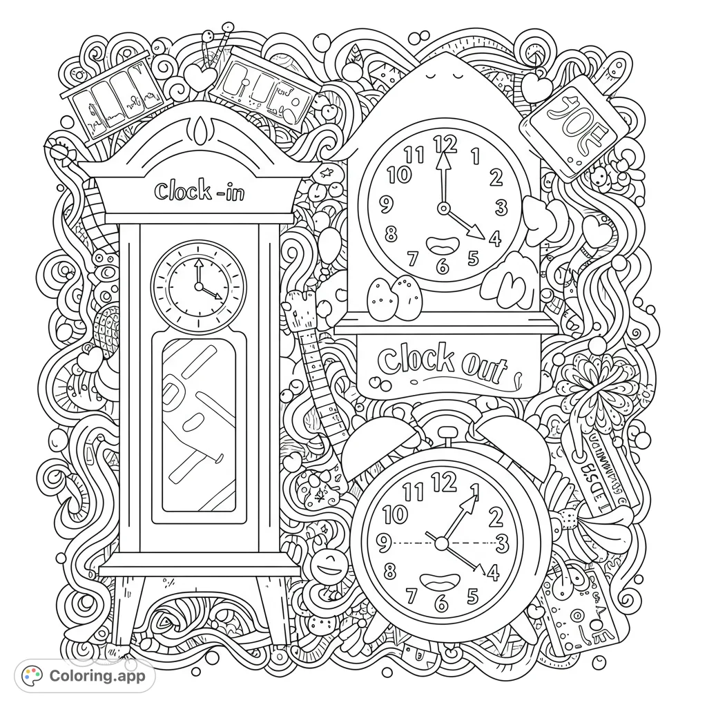 Dive into a whimsical world of clocks and intricate doodles! This free printable time-themed coloring page offers hours of creative fun for all ages.