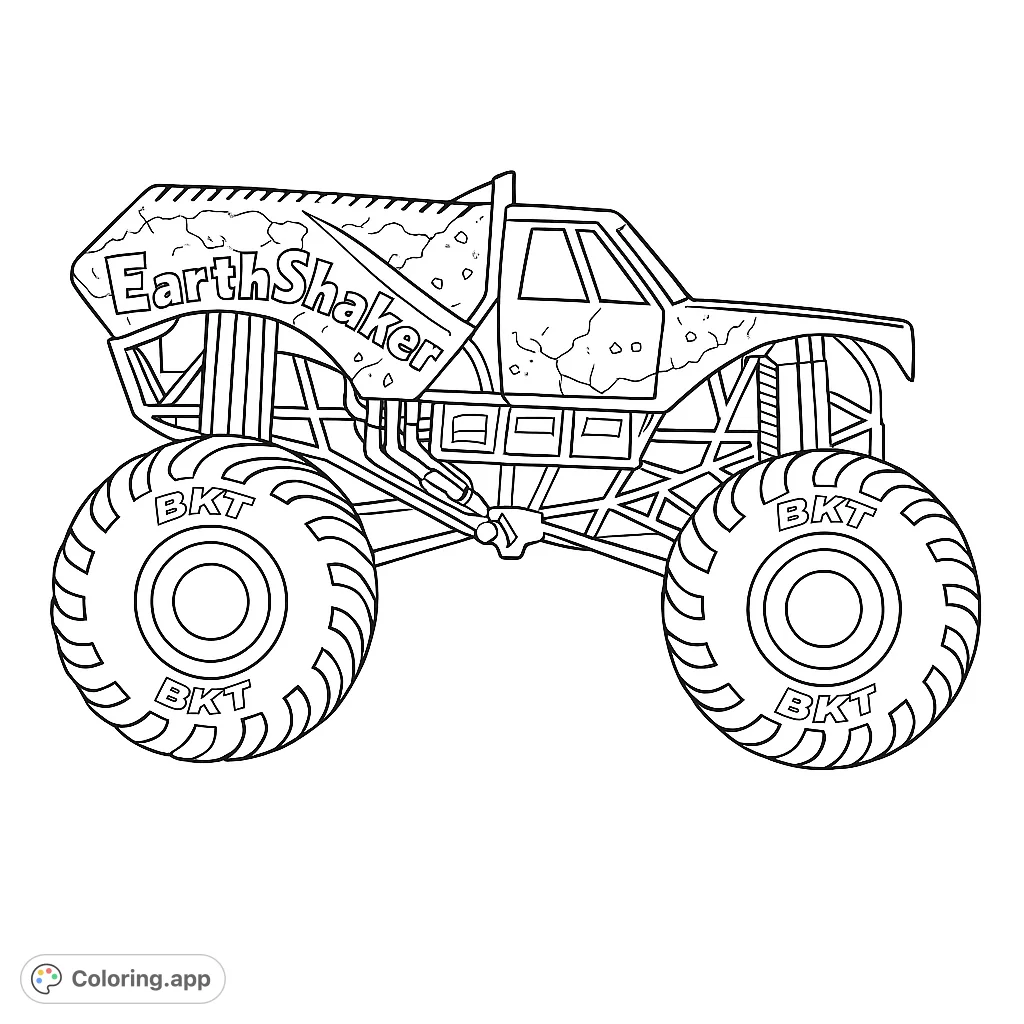 Unleash your creativity with this powerful monster truck coloring page! Featuring huge tires, a rugged body, and intricate suspension, it's ready for vibrant colors.