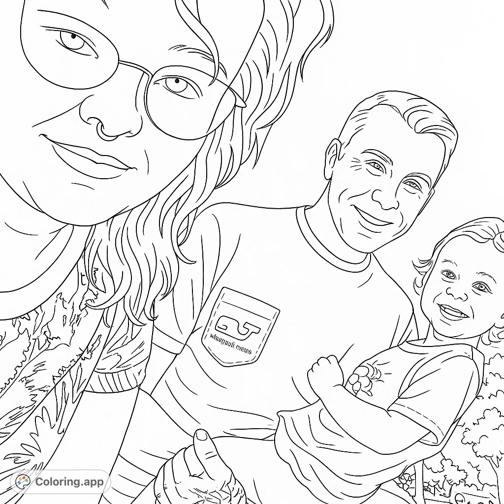 A heartwarming family portrait coloring page featuring a smiling woman, man, and child. Perfect for family bonding and creative expression.