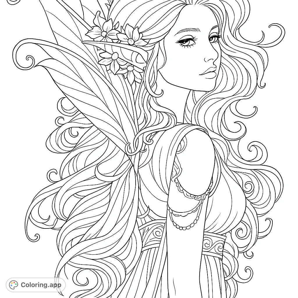 Discover an enchanting fairy portrait with flowing hair, delicate features, and intricate wings. A magical fantasy coloring page for all ages.