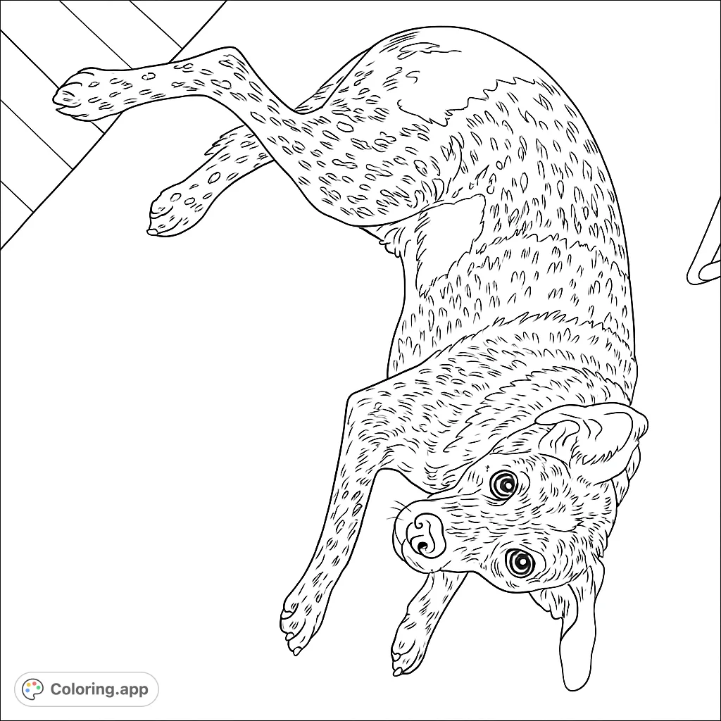 A delightful dog coloring page featuring a playful pup lying on its back, looking up with big, expressive eyes. Perfect for dog lovers of all ages!
