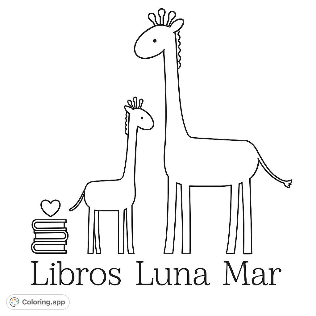A heartwarming free printable giraffe coloring page featuring an adult and baby giraffe alongside a stack of books and a heart. Perfect for kids and adults!