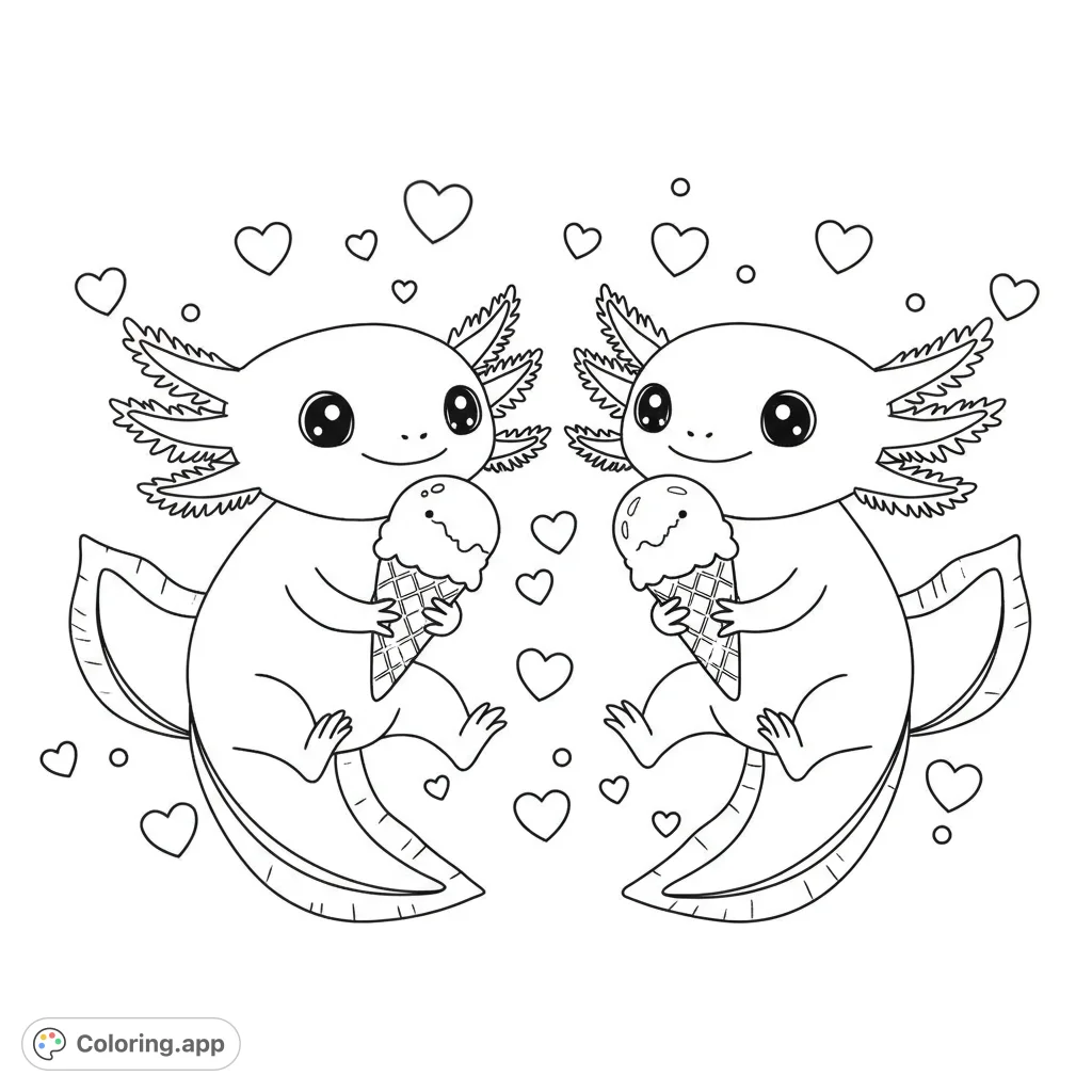 Adorable axolotls enjoy ice cream, surrounded by hearts. A sweet, free printable axolotl coloring page for kids and adults.