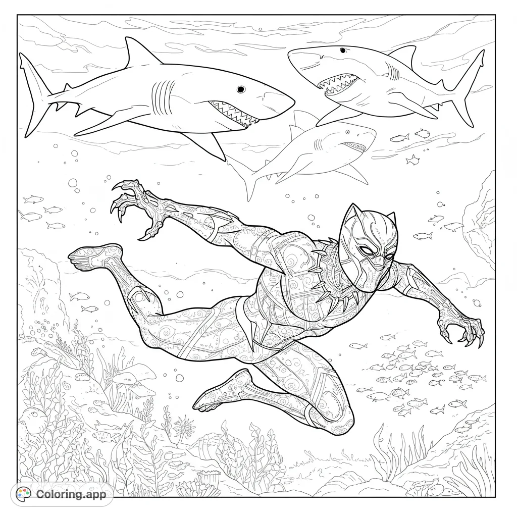 Dive into action with a superhero battling sharks in an intricate underwater scene. A free printable superhero coloring page for kids and adults.