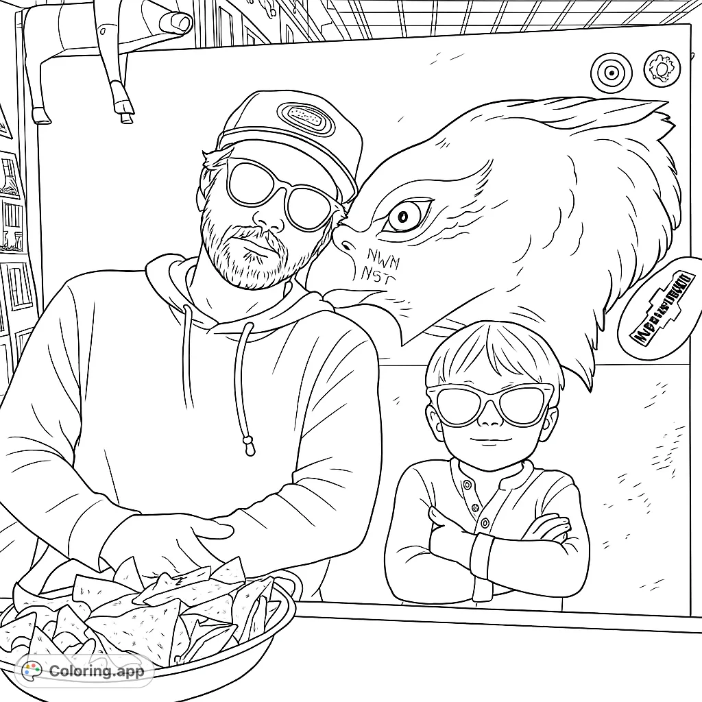 Cool dad and son in shades, with a majestic eagle and a bowl of nachos. A fun, free printable family coloring page for all ages.