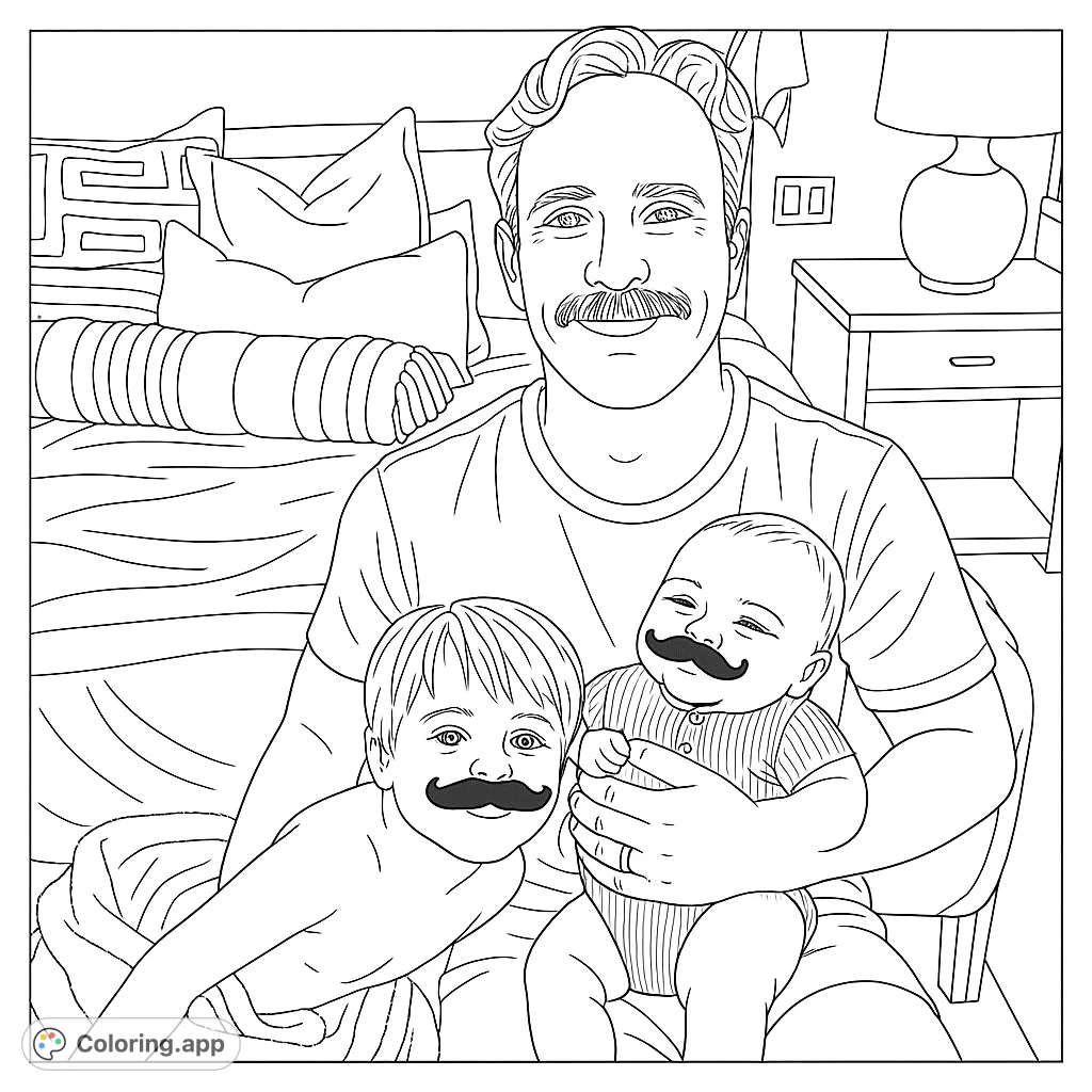 A joyful family moment featuring a dad and his two kids, all sporting playful mustaches, in a cozy bedroom setting. A heartwarming free printable coloring page for all ages!