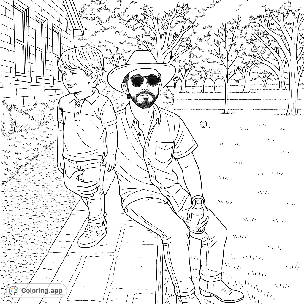 A heartwarming father and son moment outdoors, perfect for a free printable family coloring page, capturing a special bond.