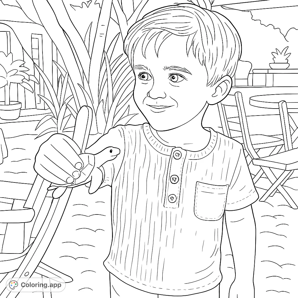 A cheerful young boy holds up a small turtle toy in a sunny garden setting. A delightful free printable coloring page for kids and adults.