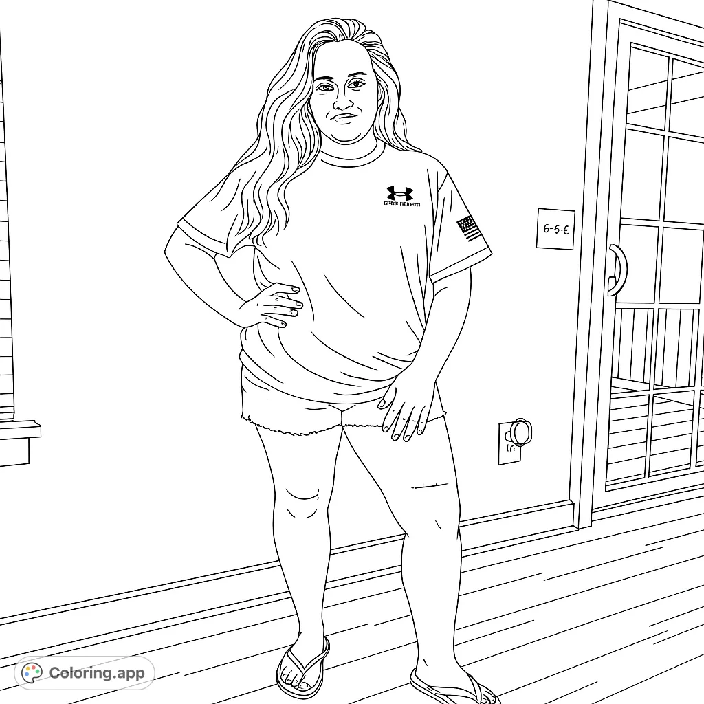 A casual woman stands confidently in an indoor setting, featuring long wavy hair, a t-shirt, shorts, and flip-flops. A free printable portrait coloring page.