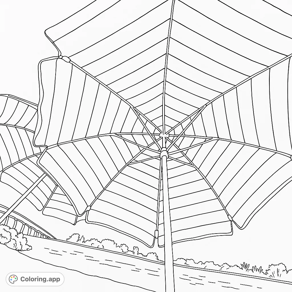 Relax under the shade with this beach umbrella coloring page. Features striped panels and a serene background, perfect for a summer escape.