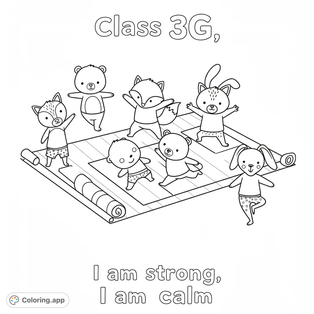 Adorable animal friends in various yoga poses on a mat, perfect for a calming and fun exercise-themed coloring page for kids and adults.