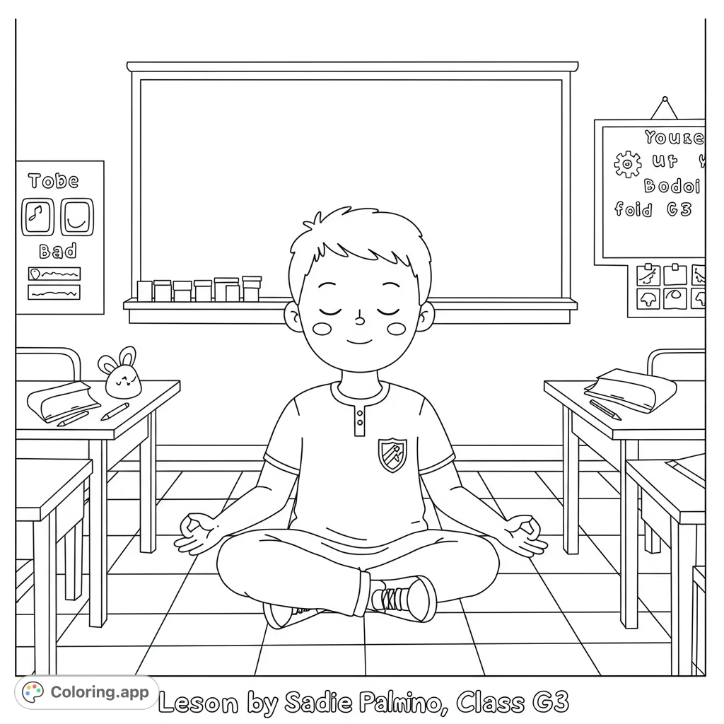 A peaceful boy meditates in a classroom, surrounded by desks and a whiteboard. A calming mindfulness coloring page for kids and adults.