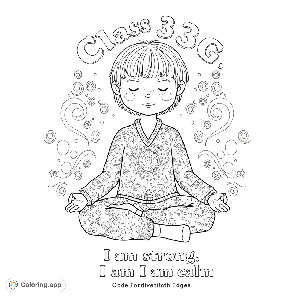 A serene meditation coloring page featuring a child in a peaceful lotus pose, adorned with intricate patterns and surrounded by calming swirls.