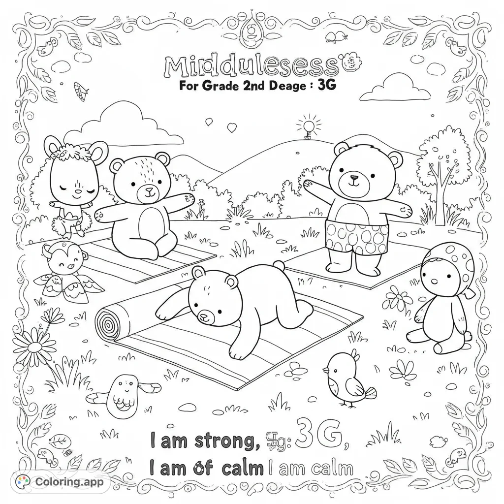 Cute animals practice yoga in a serene outdoor setting, perfect for a calming mindfulness coloring page. A free printable activity for all ages.