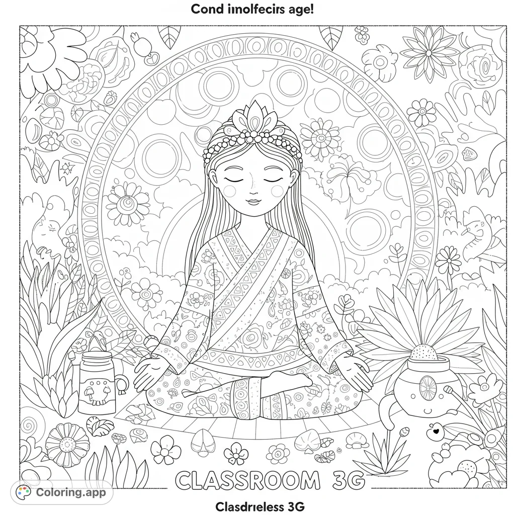 A serene girl meditating amidst a detailed nature mandala, surrounded by whimsical garden elements. Perfect for mindful coloring.