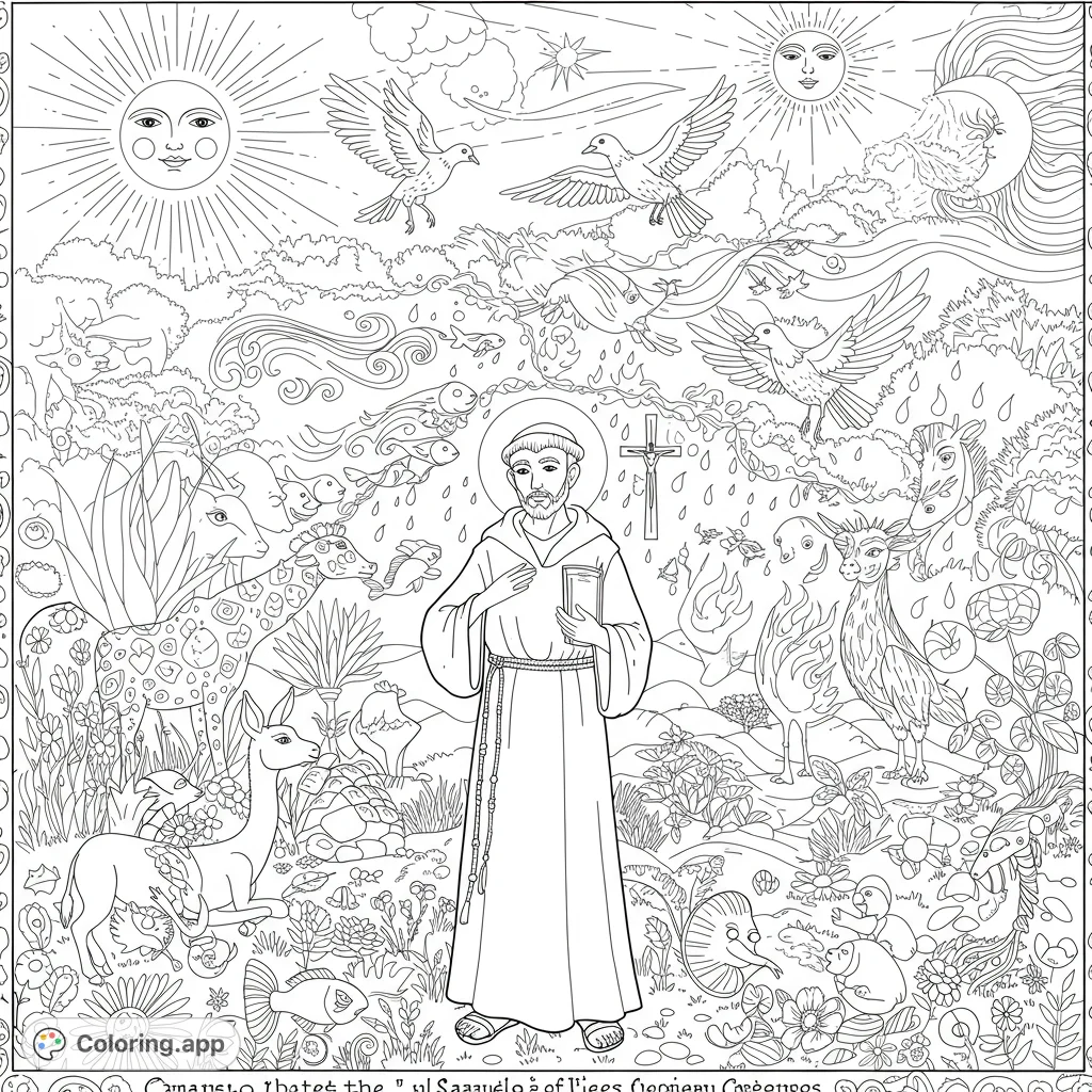 A detailed Saint Francis coloring page featuring the saint surrounded by diverse animals, lush nature, and celestial elements under sun and moon.
