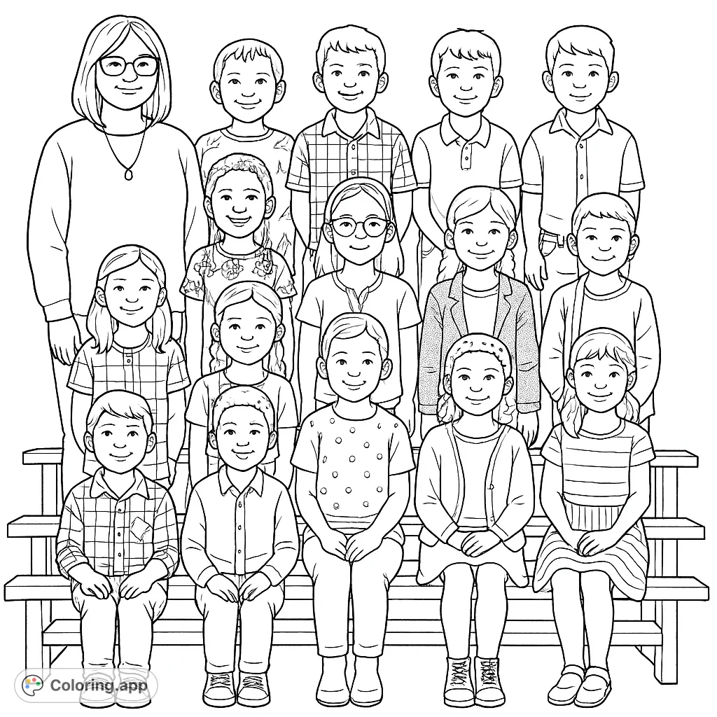 A heartwarming school group photo coloring page featuring a teacher and diverse students, perfect for celebrating community and learning.