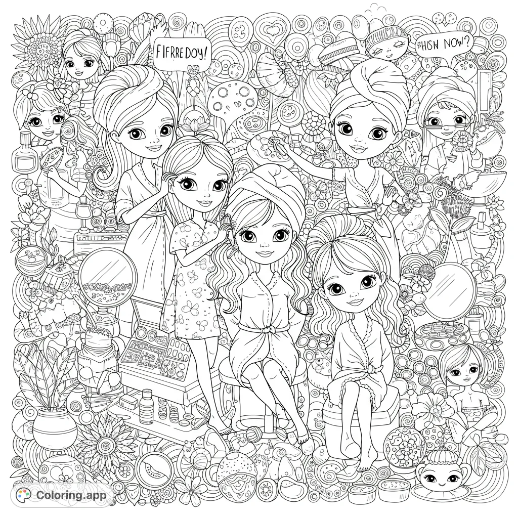 Detailed spa day coloring page with girls in robes, towels, and beauty essentials. A fun, free printable coloring page for relaxation and creative expression.