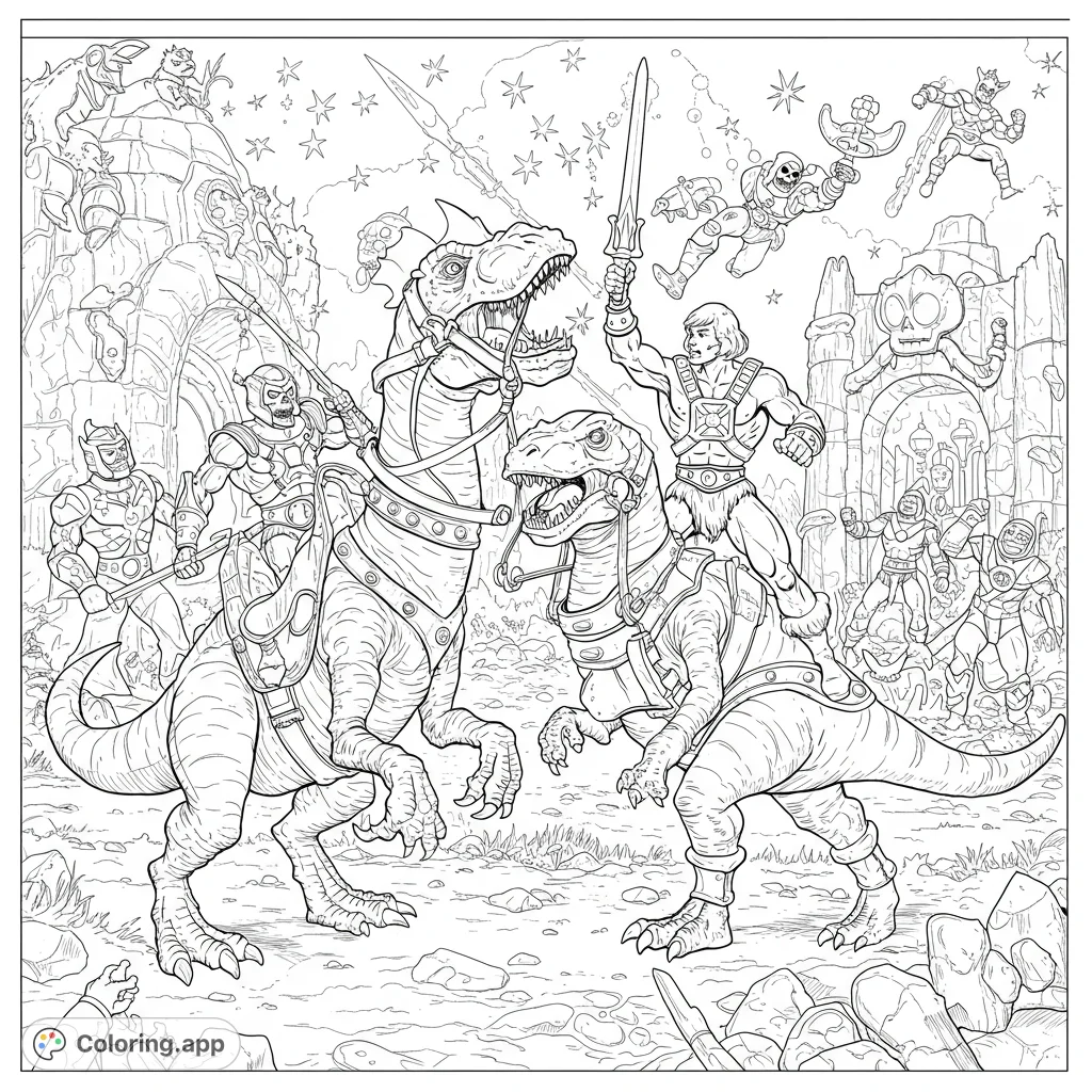 Epic fantasy battle scene featuring a muscular hero on an armored dinosaur facing off against a warrior on another dino, amidst ancient ruins and flying foes.