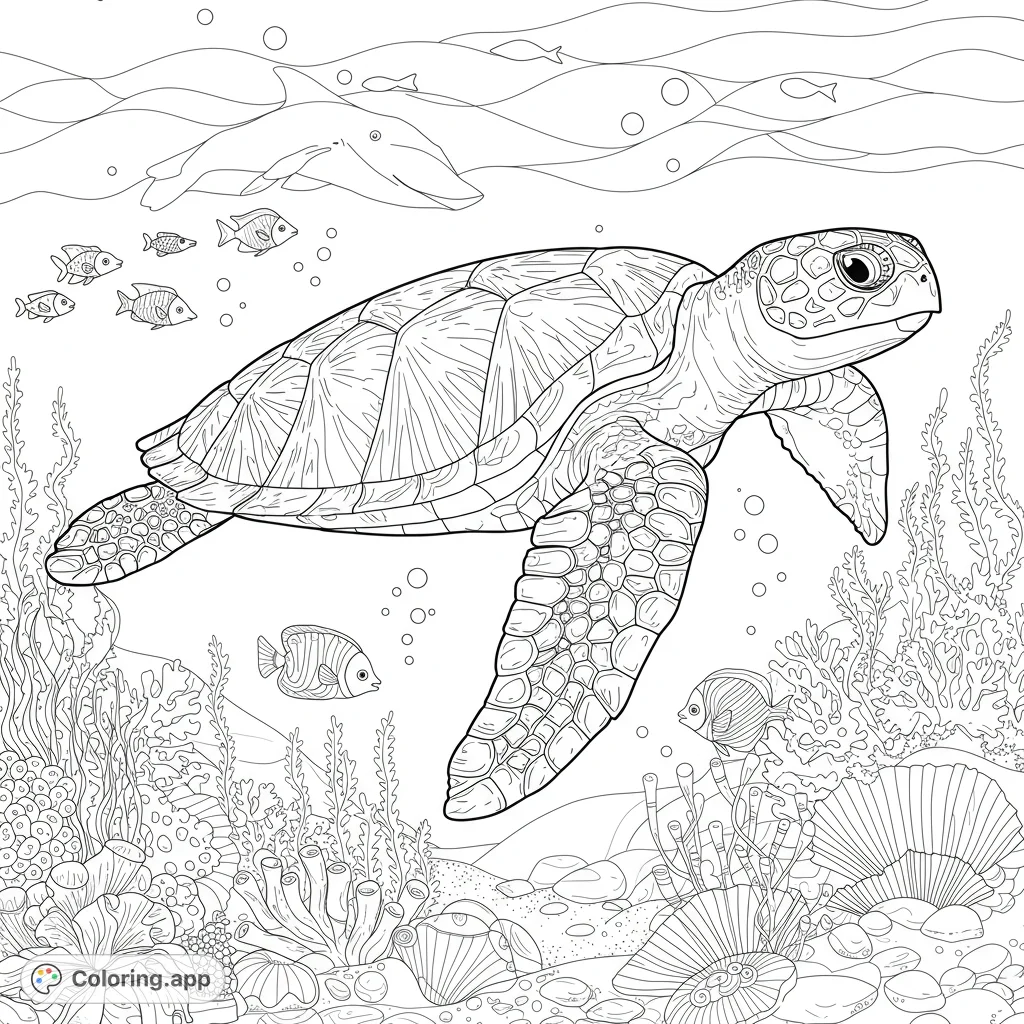 Dive into an enchanting underwater world featuring a majestic sea turtle, playful dolphin, and vibrant coral reef. A detailed ocean adventure awaits your colors!