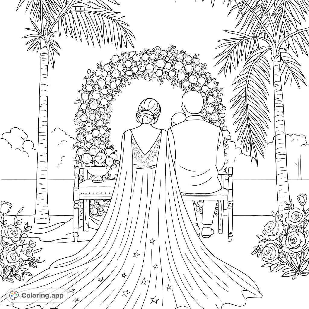 A romantic tropical wedding scene featuring a couple under a floral arch, framed by palm trees and roses. Perfect for celebrating love.