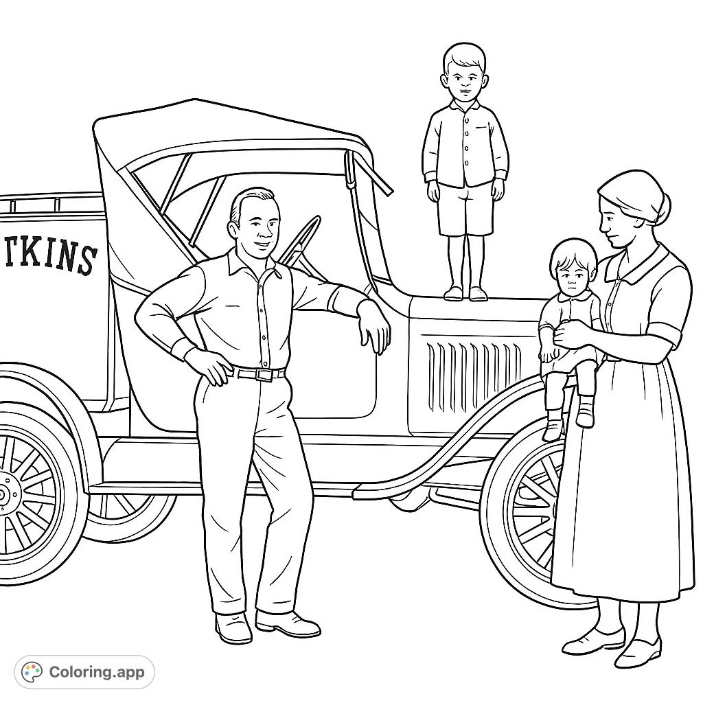 Color a charming vintage family scene with a father, mother, two children, and an old delivery truck. Perfect for history and family fun!