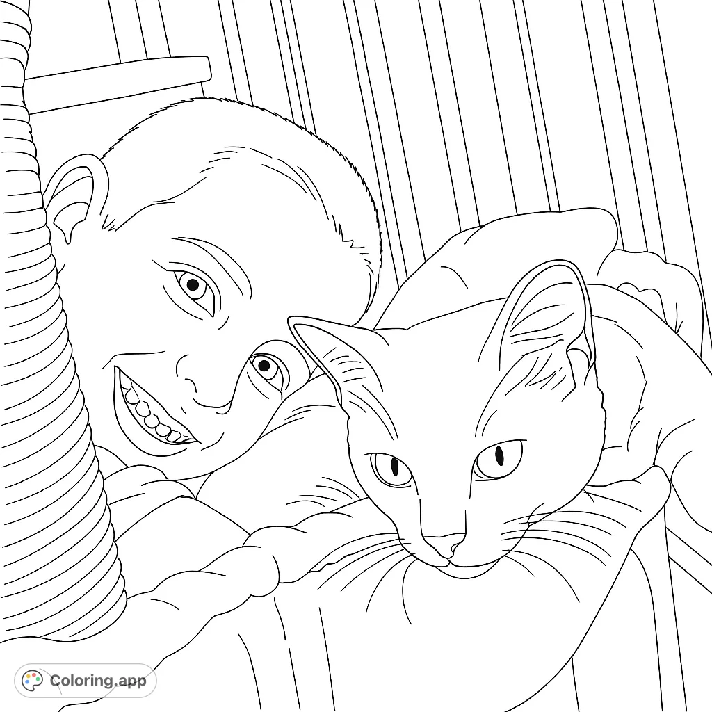 A heartwarming free printable coloring page featuring a joyful boy cuddling a sweet kitten on a cozy cat tree. Perfect for animal lovers!