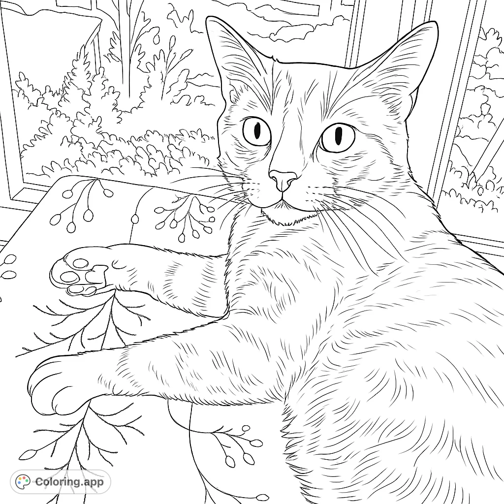 A charming cat rests by a window, detailed with fur textures and a leafy pattern. Perfect for cat lovers seeking a relaxing coloring experience.