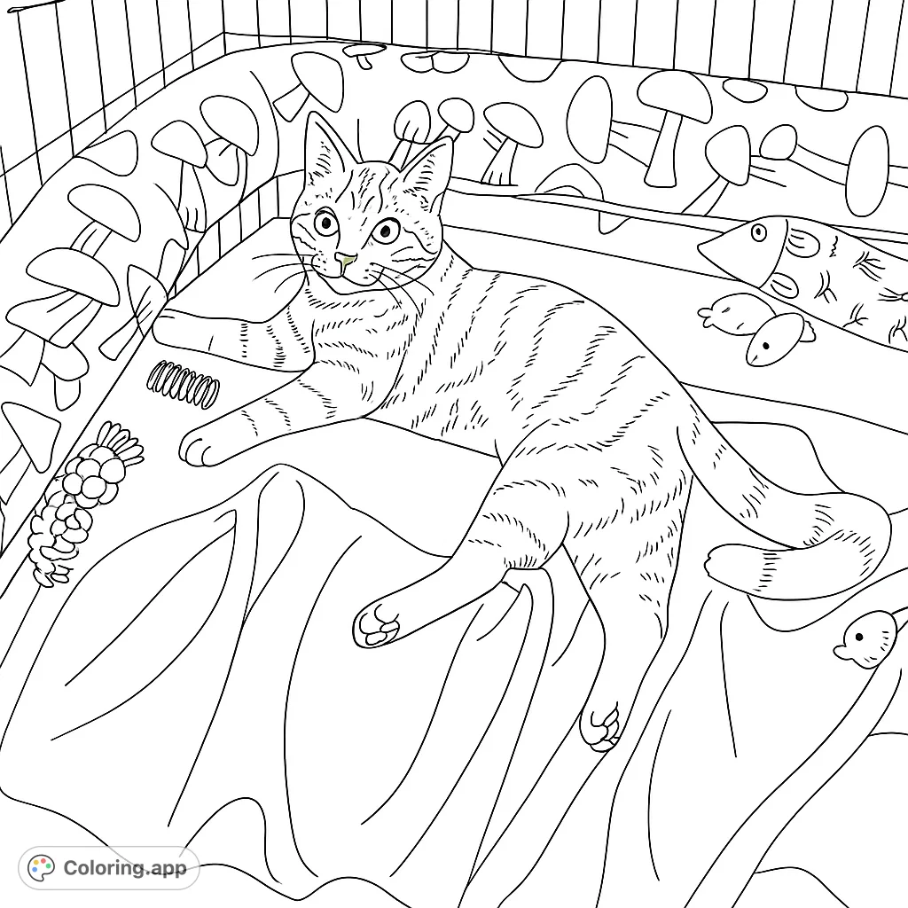 A charming cat relaxes amidst its favorite toys on a cozy blanket. Perfect for cat lovers to color and unwind with this free printable coloring page.
