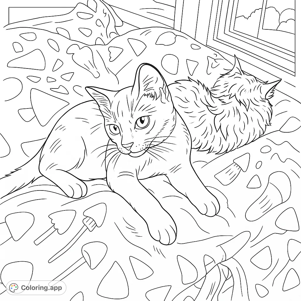 Two adorable kittens relaxing on a patterned blanket by a sunlit window. A charming scene perfect for animal lovers and cozy coloring moments.
