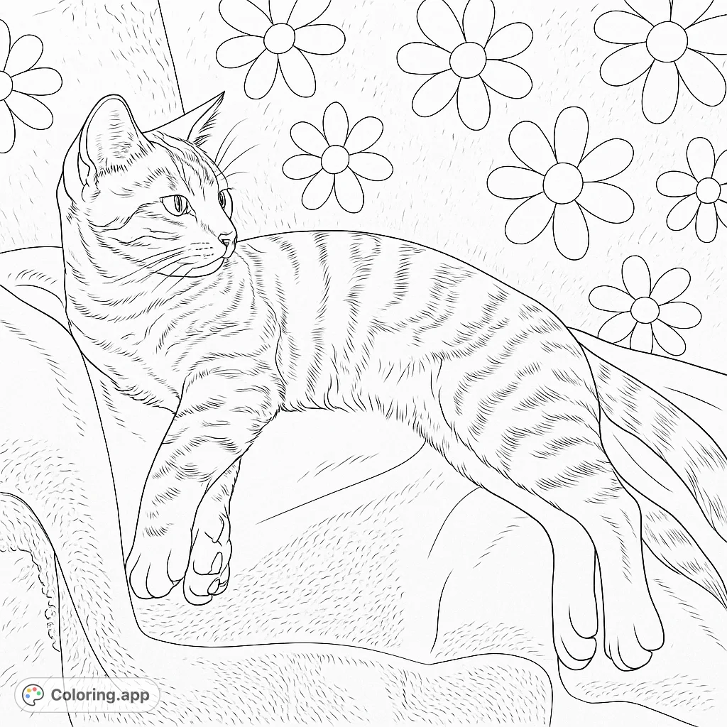 A charming striped cat relaxing on a soft surface, surrounded by simple flowers. This cozy cat coloring page is perfect for a relaxing creative session.