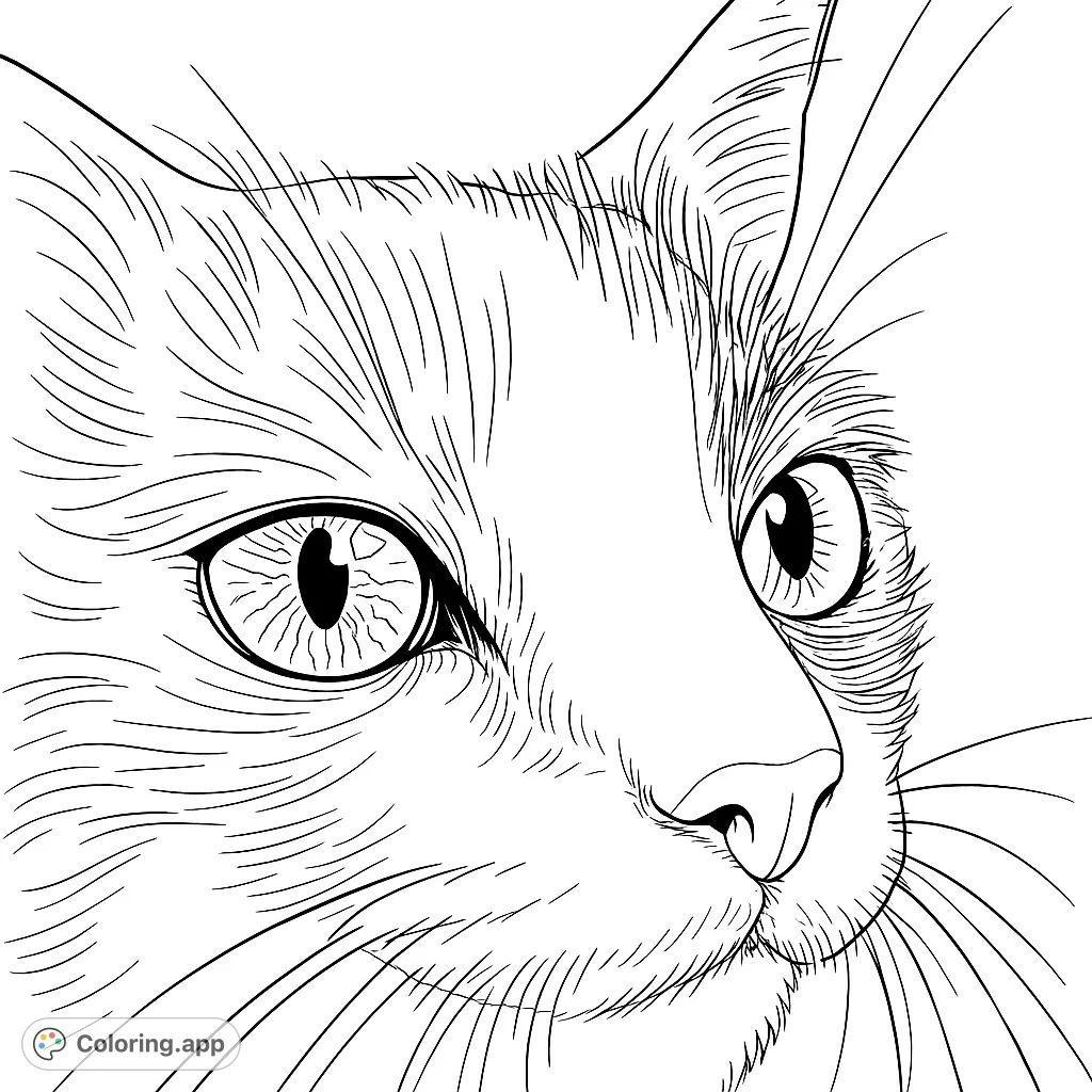 Captivating cat portrait coloring page. Features intricate fur details, expressive eyes, and delicate whiskers.